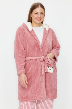 Trendyol Curve Powder Animal Figured Pocket Hooded Wellsoft Knitted Dressing Gown