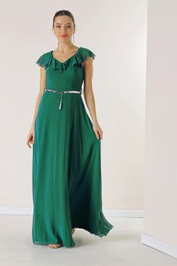 By Saygı Flounce Collar Waist Belt Lined Long Chiffon Dress