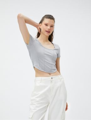 Koton Crop T-Shirt Cotton Round Neck Ribbed Short Sleeves