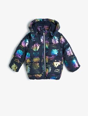 Koton Oversize Puffer Jacket Unicorn Printed Flap Pocket Fleece Lined