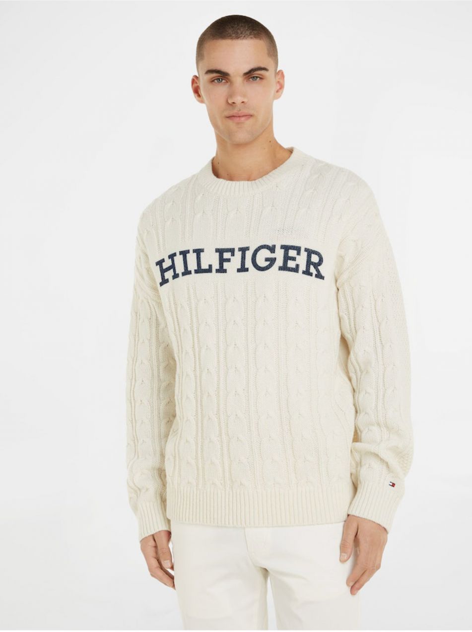 Men's Cream Wool Sweater Tommy Hilfiger Cable Monotype Crew Neck - Men's