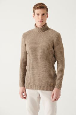 Avva Men's Mink Full Turtleneck Textured Regular Fit Knitwear Sweater