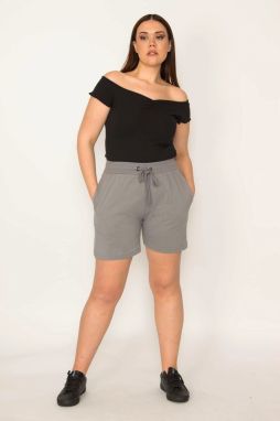 Şans Women's Plus Size Gray Cotton Fabric Shorts With Elastic Waist And Lace-Up Eyelets With Side Pockets