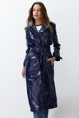 Trendyol Navy Blue Oversize Wide Cut Patent Leather Trench Coat