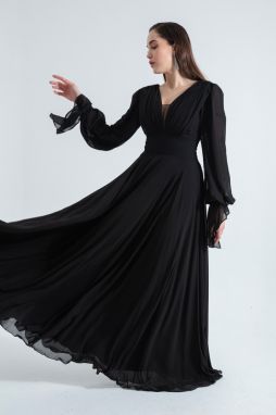 Lafaba Women's Black V-Neck Long Chiffon Evening Dress