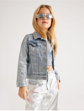 Koton Crop Denim Jacket Metallic Shiny