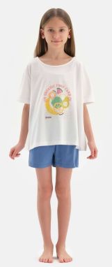 Dagi White Print Detailed Short Sleeve T-shirt, Shorts Pajamas Set.