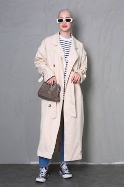 Madmext Cream Flowy Long Trench Coat