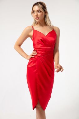 Lafaba Dámske červené dvojradové večerné šaty s rozparkom midi saténu