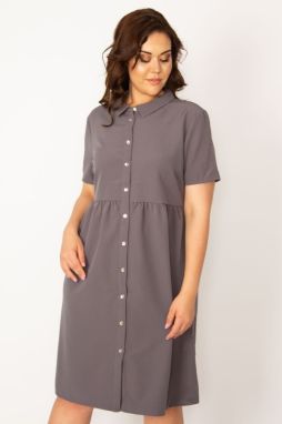 Şans Women's Plus Size Gray Front Length Buttoned Waist Gathered Collar Dress