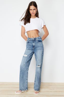 Trendyol Blue Ripped High Waist Wide Leg Jeans