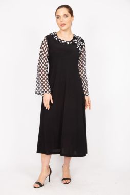 Şans Women's Black Plus Size Dress with Chiffon Collar Detailed with Sleeves