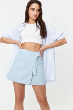 Trendyol Light Blue Buckle Detail Wrapover High Waist Mini Denim Skirt