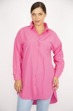 Şans Women's Plus Size Pink Poplin Fabric Front Buttons and Side Slits Tunic