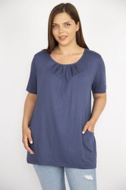 Şans Women's Indigo Plus Size Collar Pleated Pocket Tunic