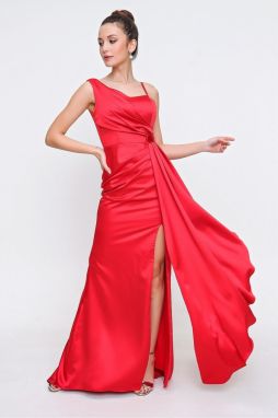 By Saygı Front Flounce Detailed Lined Satin Evening Dress