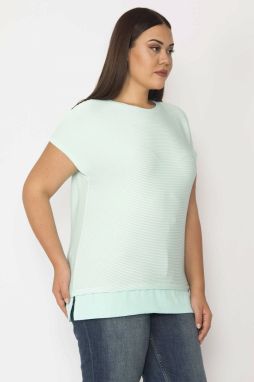 Şans Women's Plus Size Green Crepe Low-Sleeved Blouse With Stripes, See-Frame Hemline