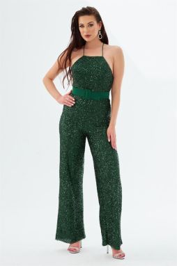 Carmen Emerald Sequined Belted Long Jumpsuit