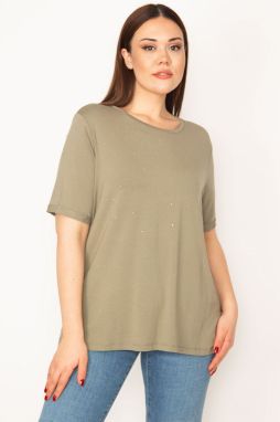 Şans Women's Plus Size Khaki Stone Detailed Crew Neck Short Sleeve Blouse