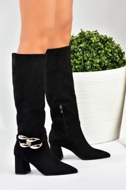 Fox Shoes Women's Black Suede Chain Detailed Heeled Boots