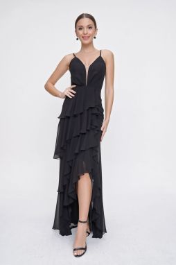 By Saygı Rope Strap Layered Flounce Lined Chiffon Long Dress Black