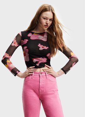 Desigual Blúzka PINK PANTHER Pink Panther 22WWTK67 Čierna Slim Fit