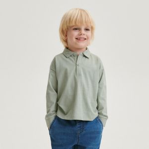 Reserved - Bavlnené tričko polo s dlhými rukávmi - Zelená