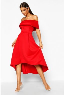 Červené midi šaty Rella s bardot dekoltom