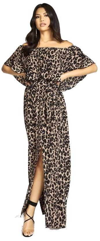 Leopardie maxi šaty s odhalenými ramenami