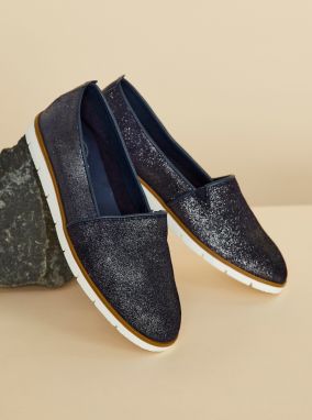 Tmavomodré kožené trblietavé slip on OJJU