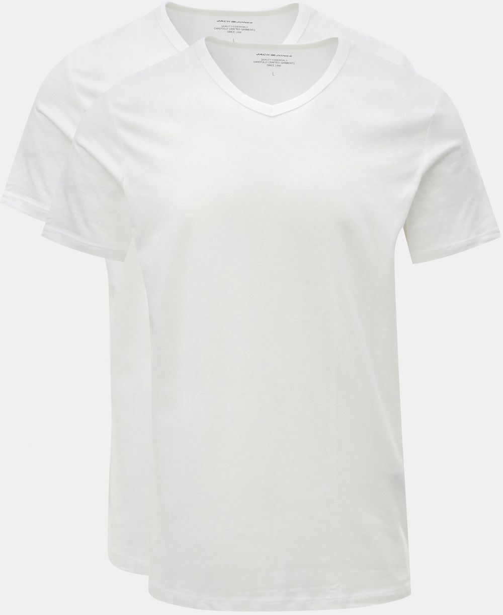 Balenie dvoch bielych basic tričiek s véčkovým výstrihom Jack & Jones