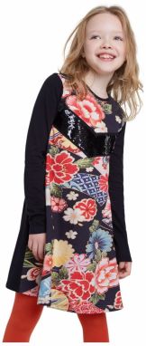 Desigual čierne dievčenské šaty Vest Minatitlán s farebnými motívmi