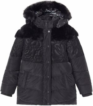 Čierna dievčenská vzorovaná zimná bunda s kapucou a umelým kožúškom Desigual Kids Exterior