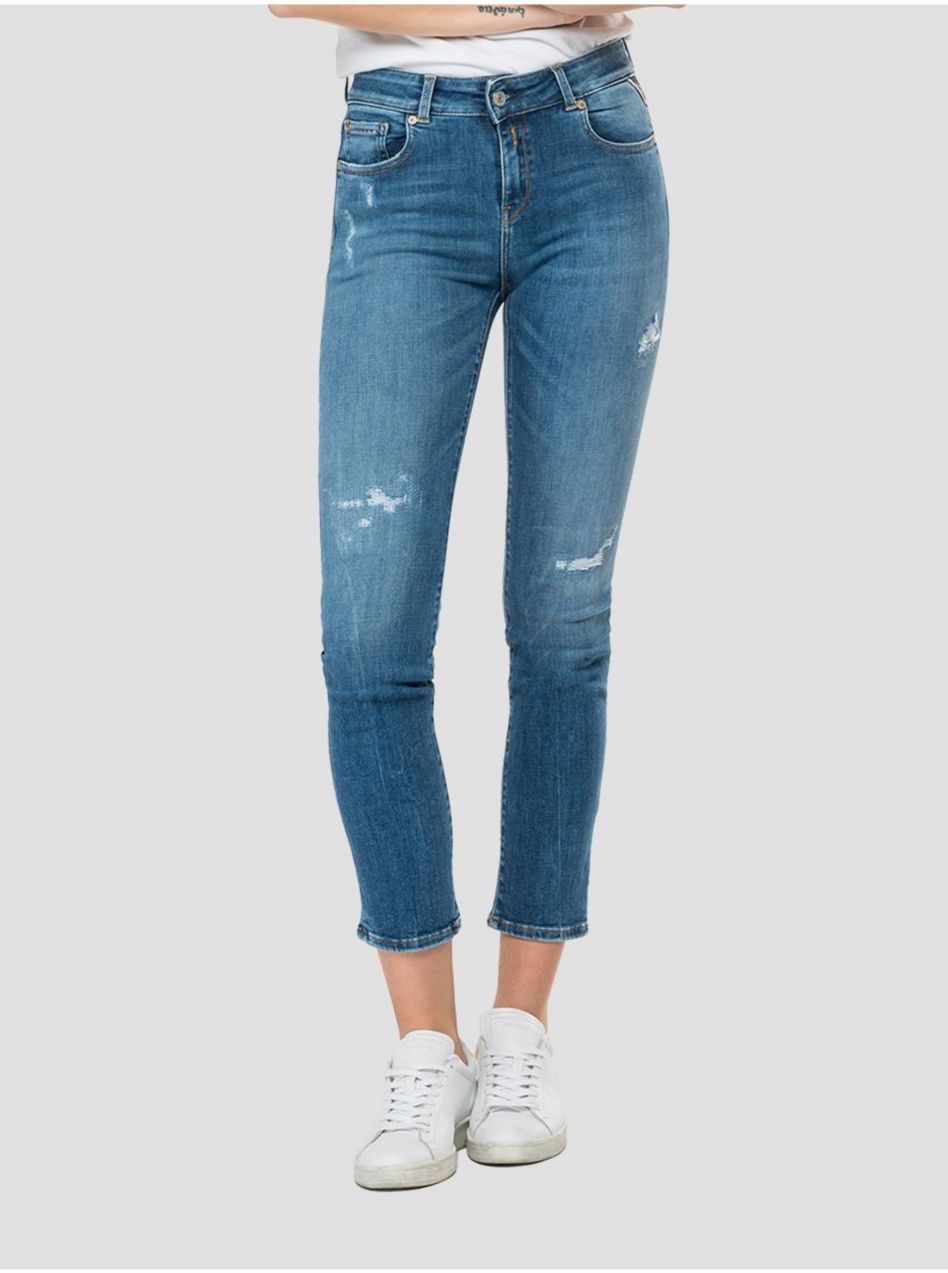 Modré dámske skrátené slim fit rifle s potrhaným efektom Replay