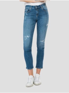 Modré dámske skrátené slim fit rifle s potrhaným efektom Replay