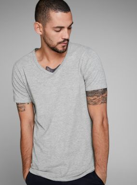 Sivé melírované tričko s véčkovým výstrihom Jack & Jones Basic