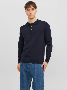 Tmavomodré pánske úpletové polo tričko s dlhým rukávom Jack & Jones Blaigor