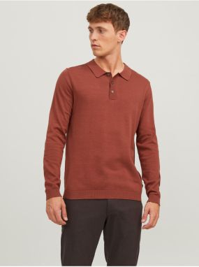 Tehlové pánske úpletové polo tričko s dlhým rukávom Jack & Jones Blaigor