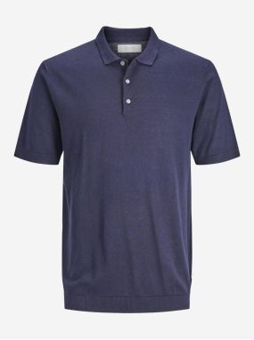 Tmavomodré pánske úpletové polo tričko s prímesou ľanu Jack & Jones Igor