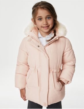 Svetloružová dievčenská zimná bunda s umelým kožúškom Marks & Spencer