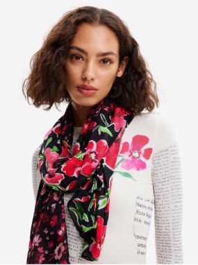 Čierno-červená dámska kvetovaná šatka Desigual Half Floral Rectangle