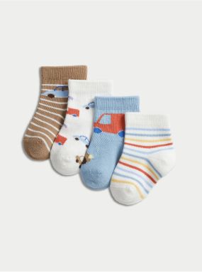 Súprava štyroch párov detských vzorovaných ponožiek v hnedej, bielej a modrej farbe Marks & Spencer