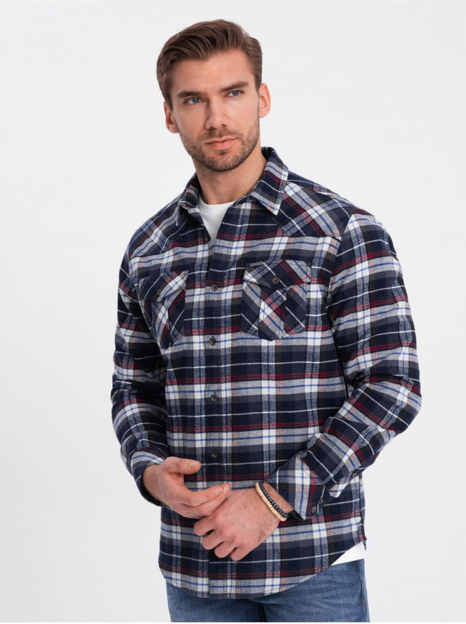 Tmavomodrá pánska vrchná flanelová košeľa Ombre Clothing