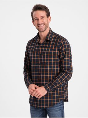 Oranžovo-modrá pánska kockovaná flanelová košeľa Ombre Clothing