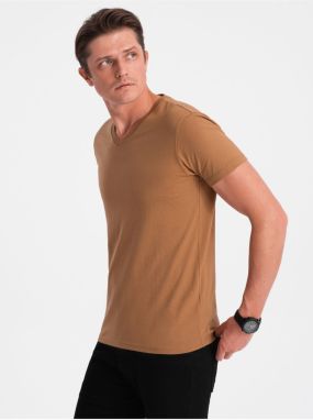 Hnedé pánske basic tričko s véčkovým výstrihom Ombre Clothing
