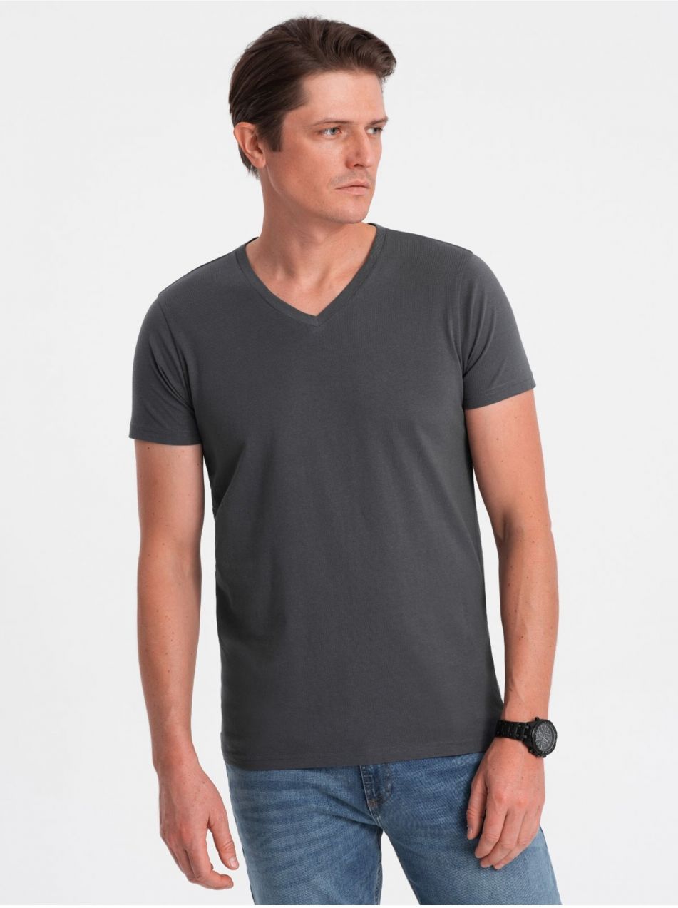 Tmavosivé pánske basic tričko s véčkovým výstrihom Ombre Clothing