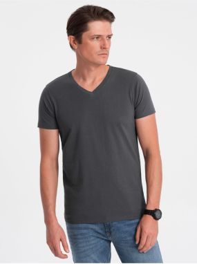 Tmavosivé pánske basic tričko s véčkovým výstrihom Ombre Clothing
