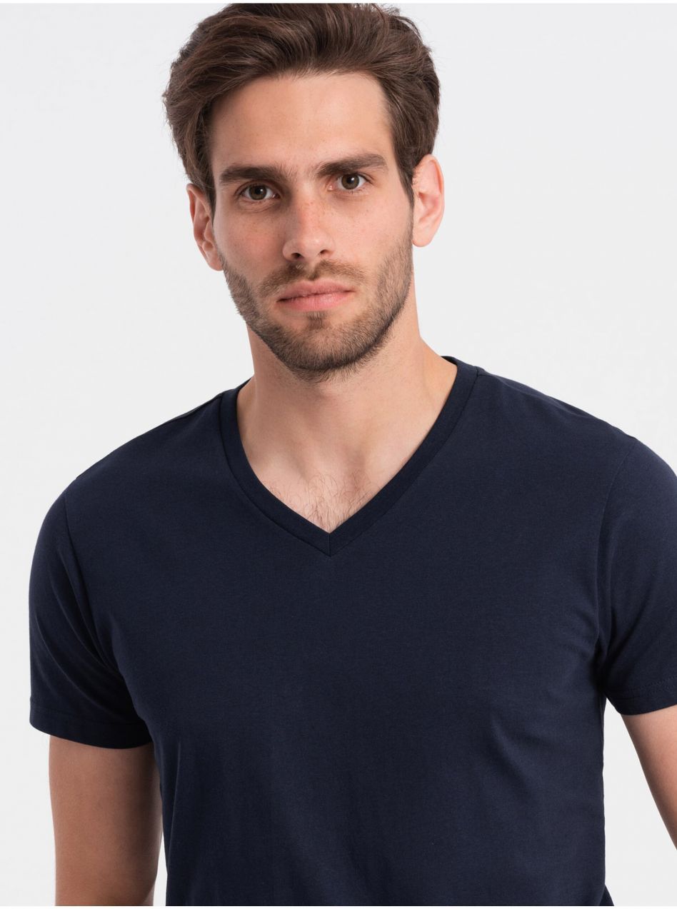 Tmavomodré pánske basic tričko s véčkovým výstrihom Ombre Clothing