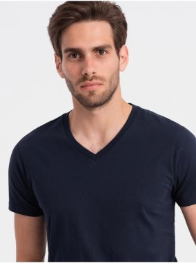 Tmavomodré pánske basic tričko s véčkovým výstrihom Ombre Clothing