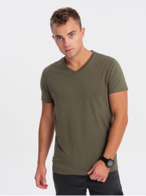 Kaki pánske basic tričko s véčkovým výstrihom Ombre Clothing